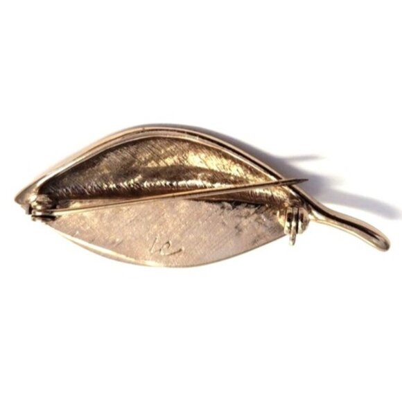 Vintage Signed Liz Claiborne Gold & Brown Pearlized Dual-Textured Leaf Brooc - Picture 2 of 4
